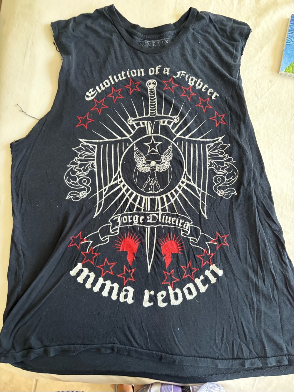 Vintage designer Kinetix Black Graphic Tank Top with White and Red Print